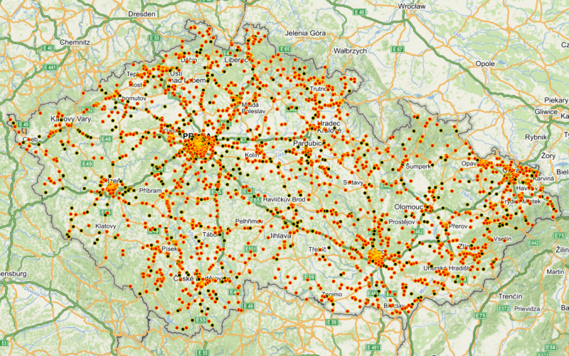 mapa s následky dopravních nehod s usmrcením a těžkýkch zranění v roce 2018