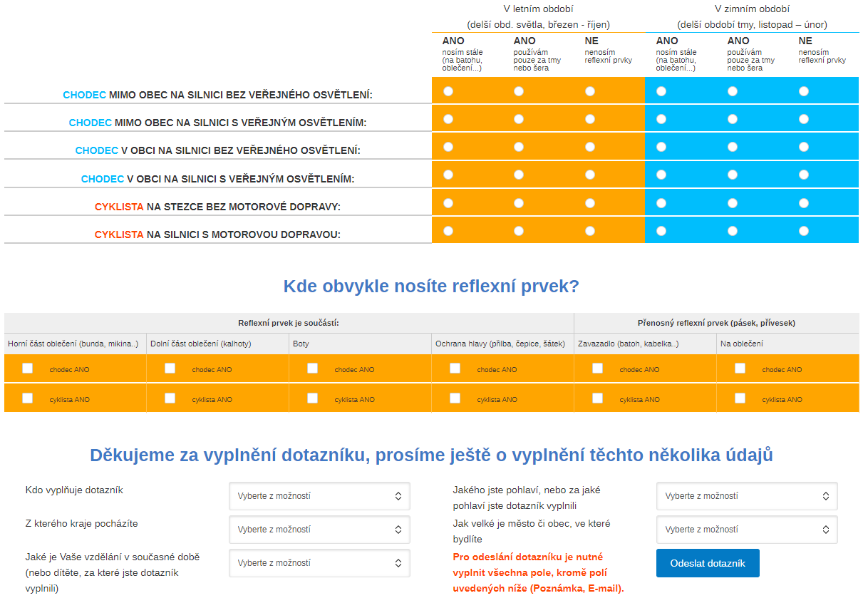 dotazník na používání reflexních prvků